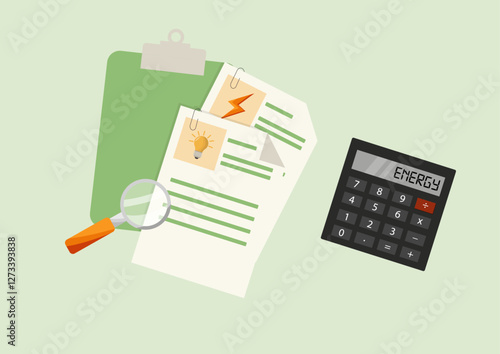 Energy Audit and Calculation Concept.energy audit documents, a magnifying glass, and a calculator displaying "ENERGY" symbolizing energy analysis, efficiency, and cost calculation. Vector illustration