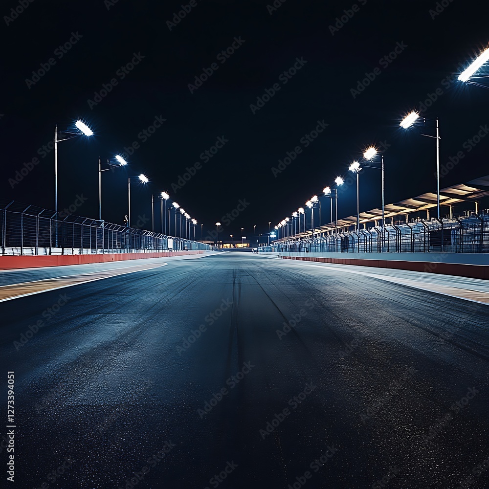 Fototapeta premium Illuminated Race Track at Night Under Dark Sky with Streetlights
