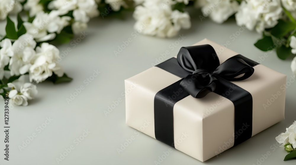 A beautifully wrapped gift box, adorned with a black ribbon, sits elegantly amidst delicate flowers, conveying a sense of celebration, love, and the joy of giving. A beautifully wrapped gift box, adorned with a black ribbon, sits elegantly amidst delicate flowers, conveying a sense of celebration, love, and the joy of giving.