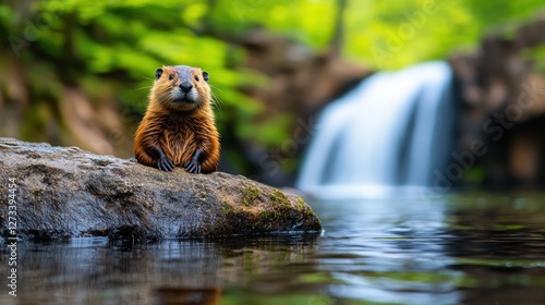 A cute animal is perched on a rock by a serene waterfall, surrounded by lush greenery, showcasing the beauty and tranquility of nature in an outdoor setting.