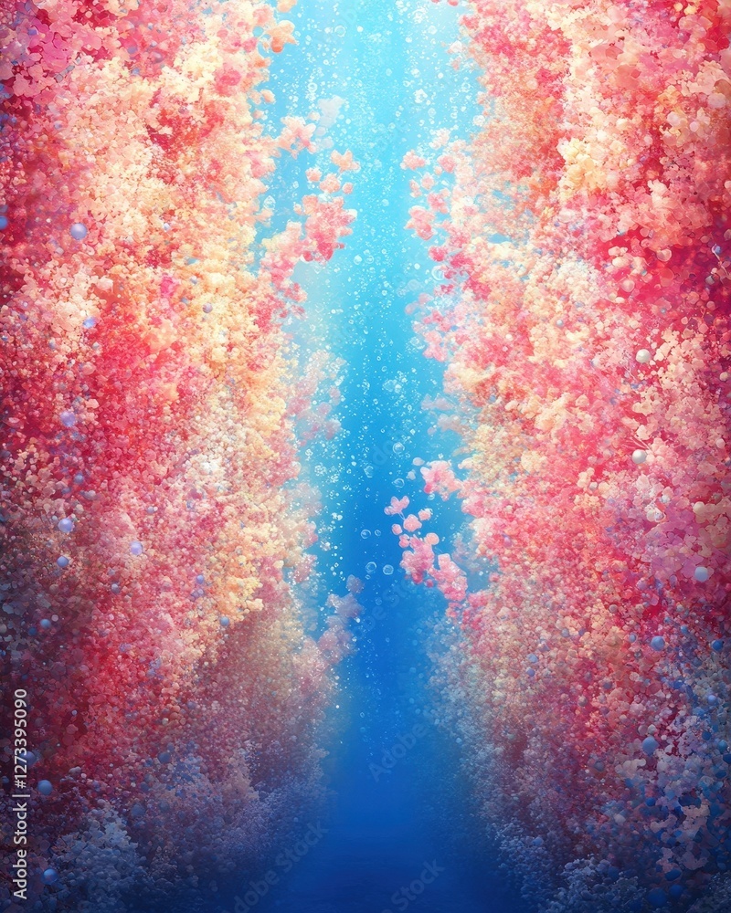 Obraz premium Pink coral reef, underwater scene, vibrant bubbles, aquatic background, nature wallpaper