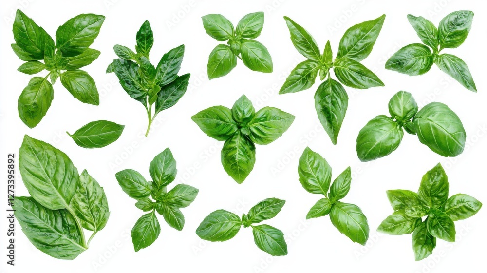 Basil leaves isolated on white background. Set, collection of different position basil green fresh leaves. Healthy eating, aromatic herb, food ingredient, spice for culinary Basil leaves isolated on white background. Set, collection of different position basil green fresh leaves. Healthy eating, aromatic herb, food ingredient, spice for culinary