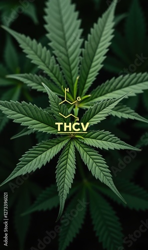 Close-up shot of cannabis leaves featuring THCV structural formula, ideal for health, wellness, and botanical industries. photo