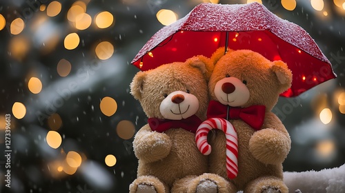 Wallpaper Mural Stuffed bear duo holding candy cane umbrella twinkling holiday lights Torontodigital.ca