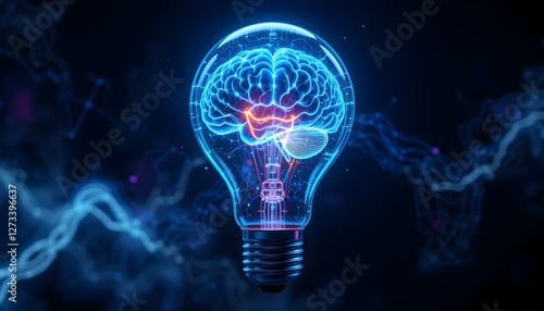 Glowing blue lightbulb with a brain-shaped circuit inside, representing artificial intelligence, digital innovation, smart technology, deep learning, and futuristic AI-powered creativity