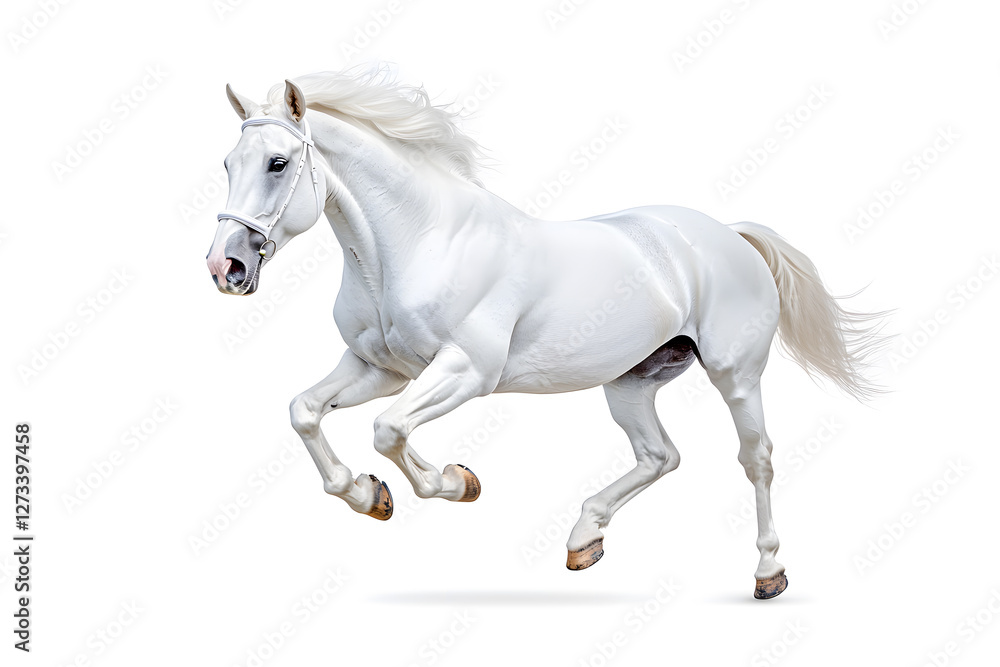 White horse galloping isolated on white background White horse galloping isolated on white background