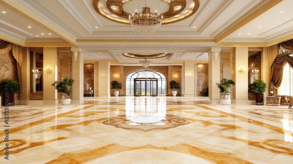 Obraz premium Grand hotel lobby with marble flooring, artistic decor, and a luxurious waiting area.