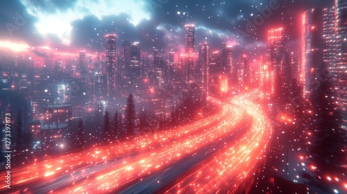 Cyberpunk city highway at night, snowing, glowing red lights photo