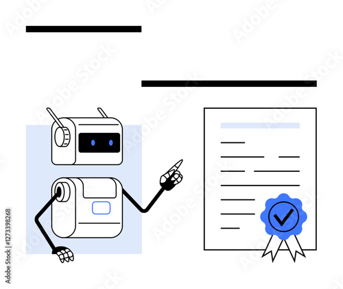 Robot pointing at certified document with blue seal. Ideal for technology AI automation, certification, document management, education, business. Blue accent, technical theme, digital motif. Line