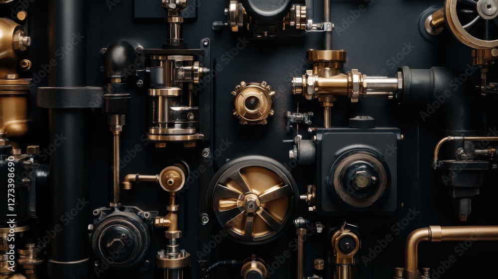 Fototapeta premium Industrial Pipe System with Brass and Black Details Close-Up