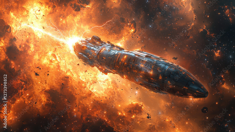 Fototapeta premium Futuristic time-traveling vehicle hovering within a glowing rift surrounded by crackling energy, merging eras in a highly detailed sci-fi concept