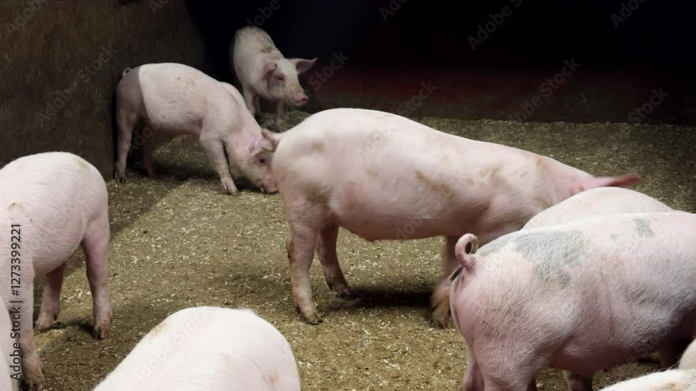 Curious white piglets on a farm raised for meat production Curious white piglets on a farm raised for meat production