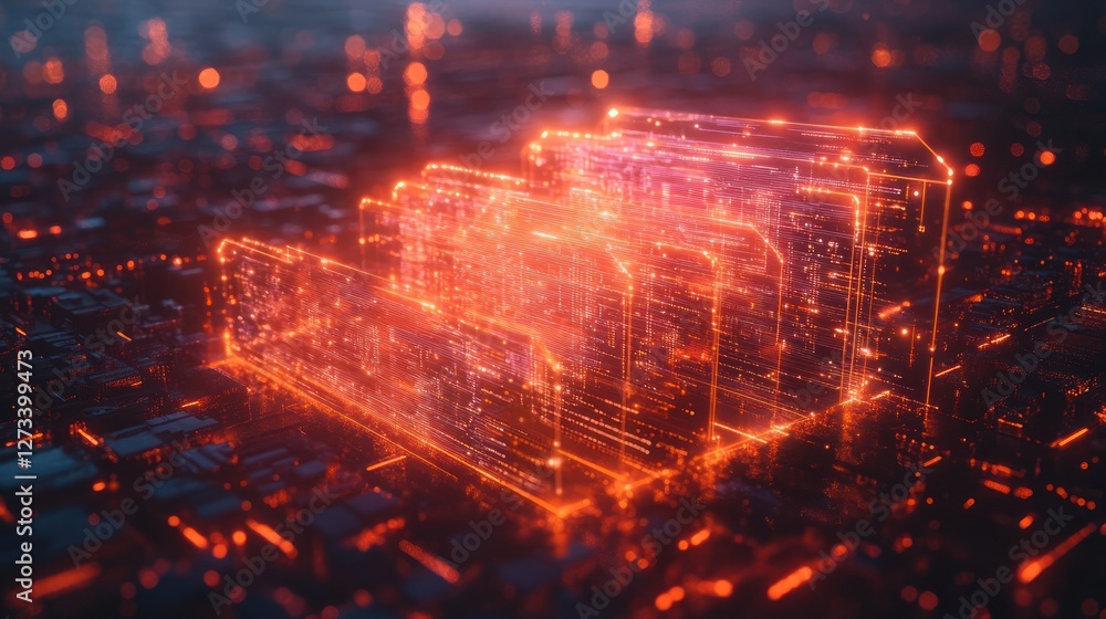 Fototapeta premium Glowing data cubes network city futuristic tech