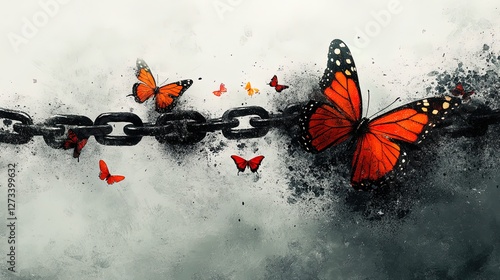 Abstract chains dissolving into butterflies, symbolizing liberation 