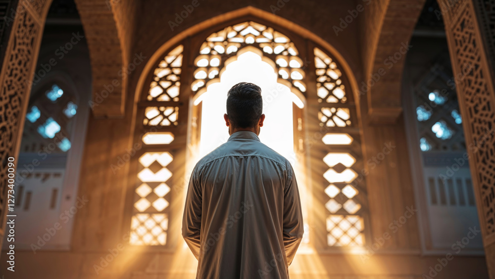 Naklejka premium A man finds solace in a mosque as sunlight illuminates the ornate architecture, creating a peaceful sanctuary.