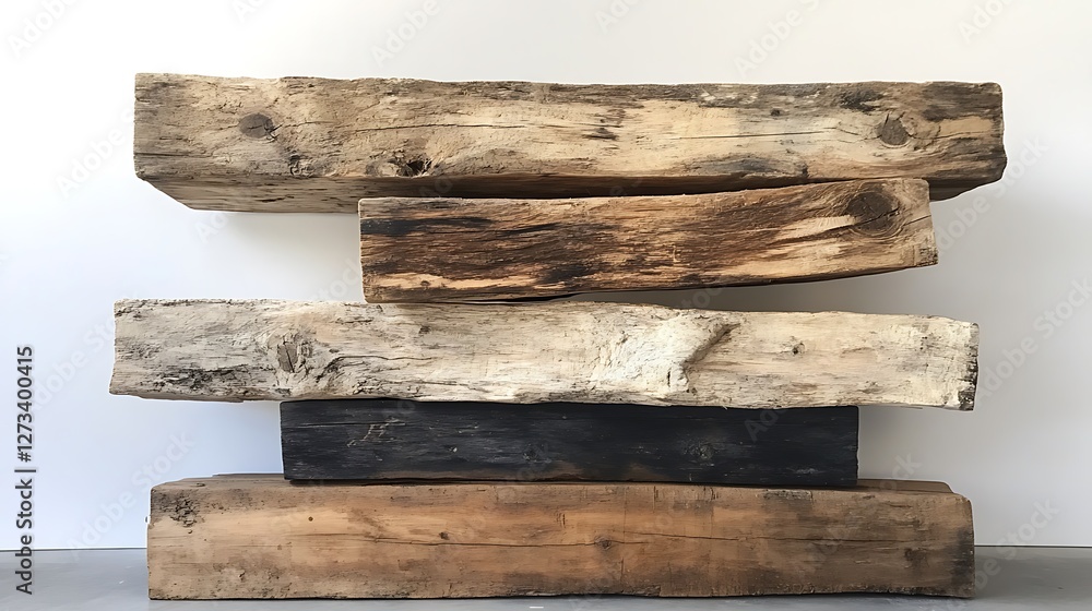 Fototapeta premium Stacked Reclaimed Wooden Beams for Rustic Design and Interior Decoration