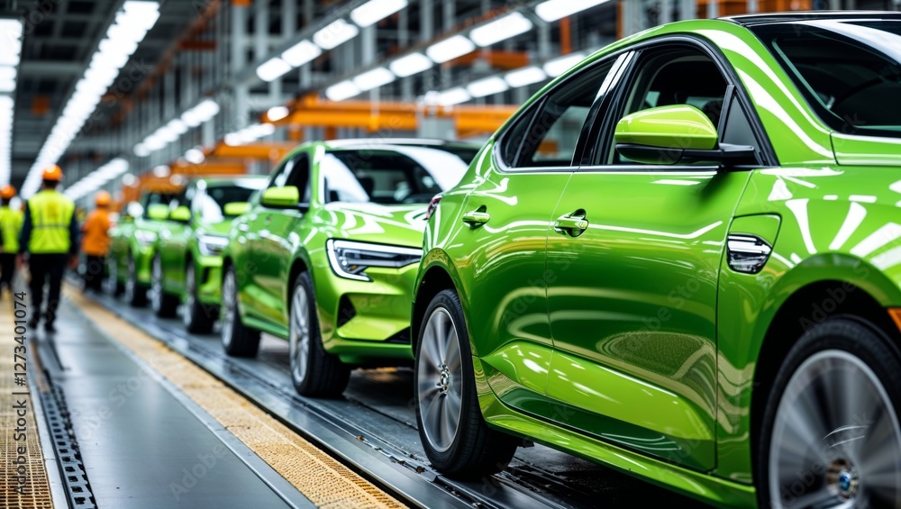 A row of vibrant green electric cars awaits final inspection on the factory assembly line. A row of vibrant green electric cars awaits final inspection on the factory assembly line.