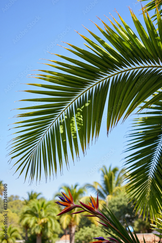 Palm branch swaying gently in tropical garden under clear blue sky, tranquility Palm branch swaying gently in tropical garden under clear blue sky, tranquility