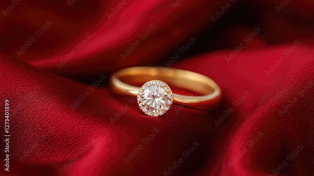 Elegant Gold Ring with Diamond on Luxurious Red Fabric Background Elegant Gold Ring with Diamond on Luxurious Red Fabric Background