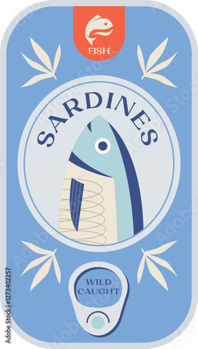Minimal tin can packaging design with fish logo and sardine illustration