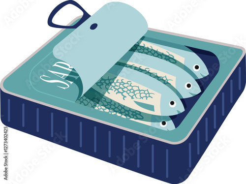 Open tin can filled with sardines vector illustration