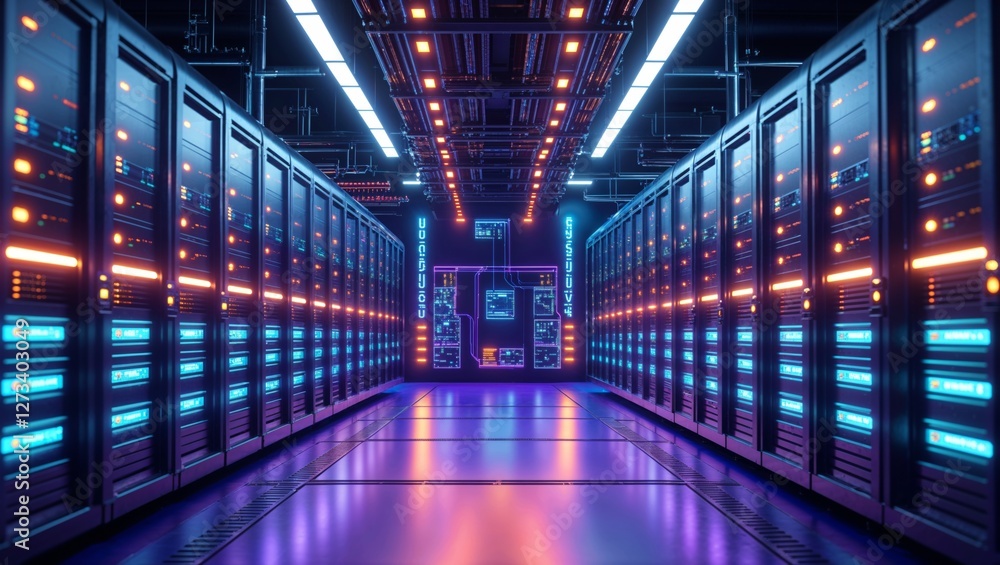 Fototapeta premium Inside a vibrant server room, rows of networked computers light up, showcasing cutting-edge data technology.