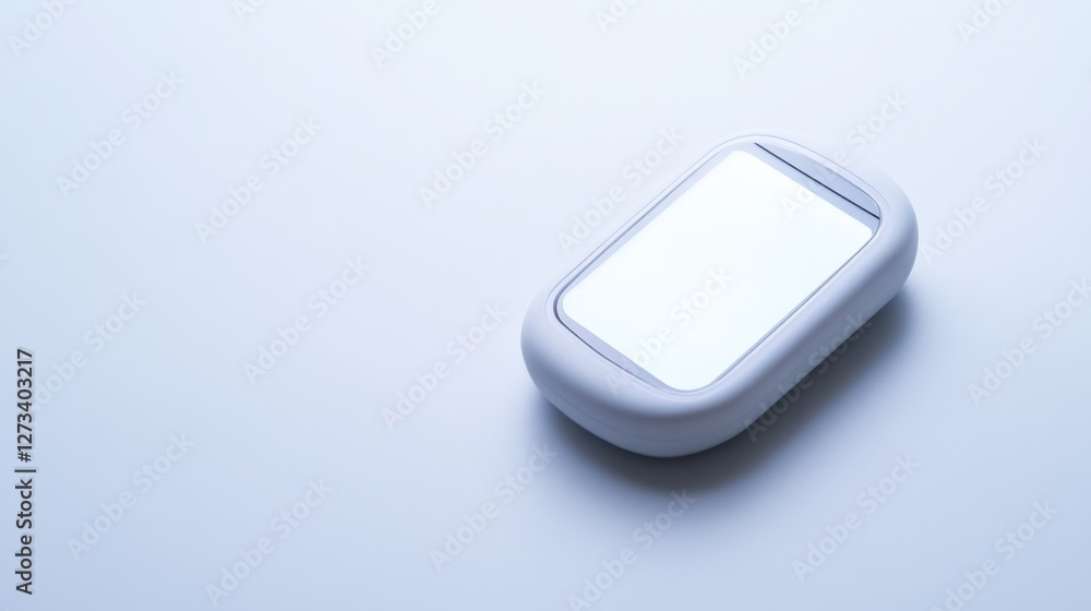 A glucose testing device on a white background, displaying a blood sugar reading. Featuring health monitoring and self-care A glucose testing device on a white background, displaying a blood sugar reading. Featuring health monitoring and self-care