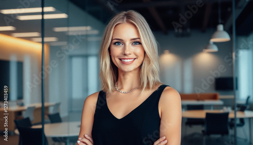 A confident and happy blonde businesswoman standing in a stylish office with a warm smile Free Download A confident and happy blonde businesswoman standing in a stylish office with a warm smile - GFXLoad