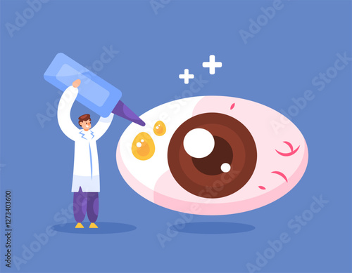 concept of eye health and vision problems. disease treatment, irritated eyes, infections. illustration of an eye specialist or Ophthalmologist treating red and watery eyes. flat style design. elements