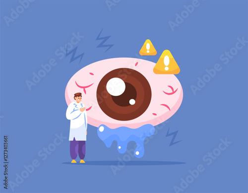concept of eye health and vision problems. disease, irritated eyes, infection. illustration of an eye specialist or Ophthalmologist examining a red and watery eye. flat style design. elements