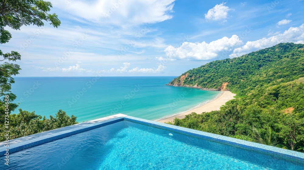 Luxury rooftop infinity edge pool overlooking a tropical beach. Luxury rooftop infinity edge pool overlooking a tropical beach.