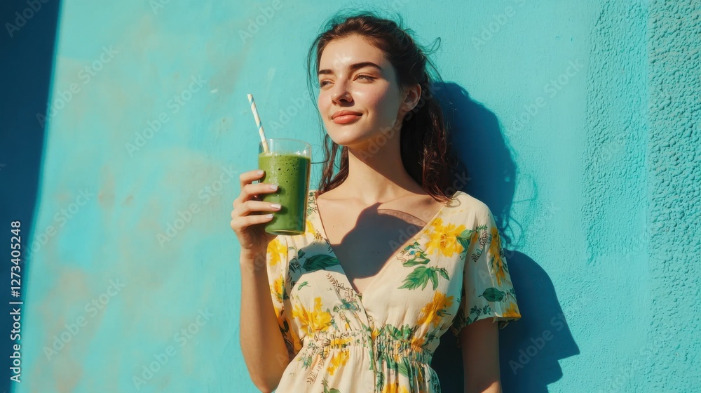 Obraz premium Beautiful woman drinking an organic green smoothie. Fit young woman drinking detox juice using paper straw isolated against blue background. Healthy girl enjoy detox drink and looking away.