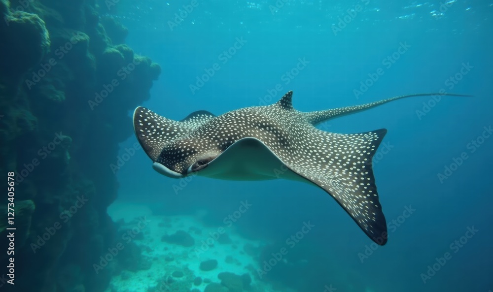 Fototapeta premium A graceful stingray glides effortlessly through a vibrant underwater world, showcasing the beauty of marine life in its natural habitat.