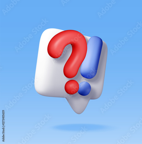 3d question and exclamation marks in speech bubble. Render questions exclamations symbol. Thin realistic icon. Concept of FAQ, support and help. Problem, survey, information. Vector illustration