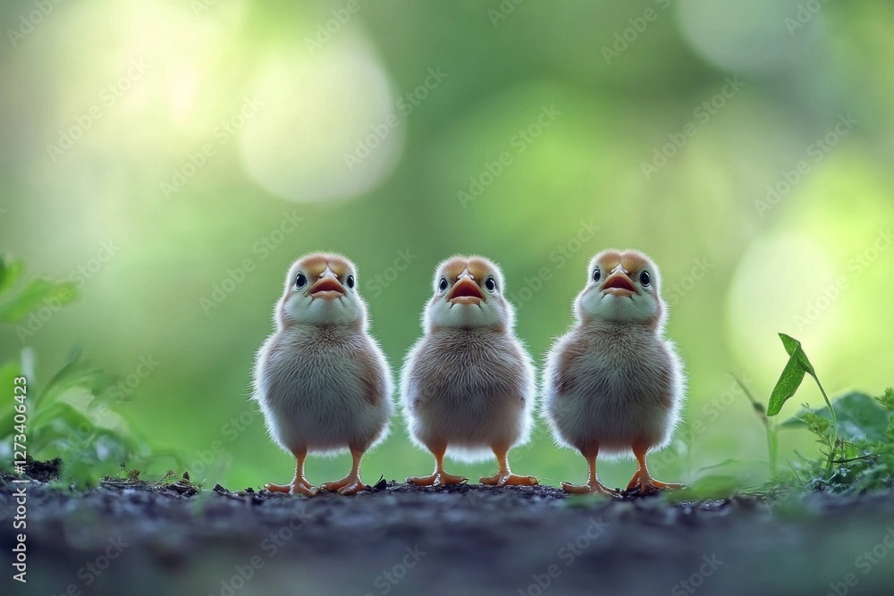 Obraz premium adorable baby little chicks, standing side by side on the ground 