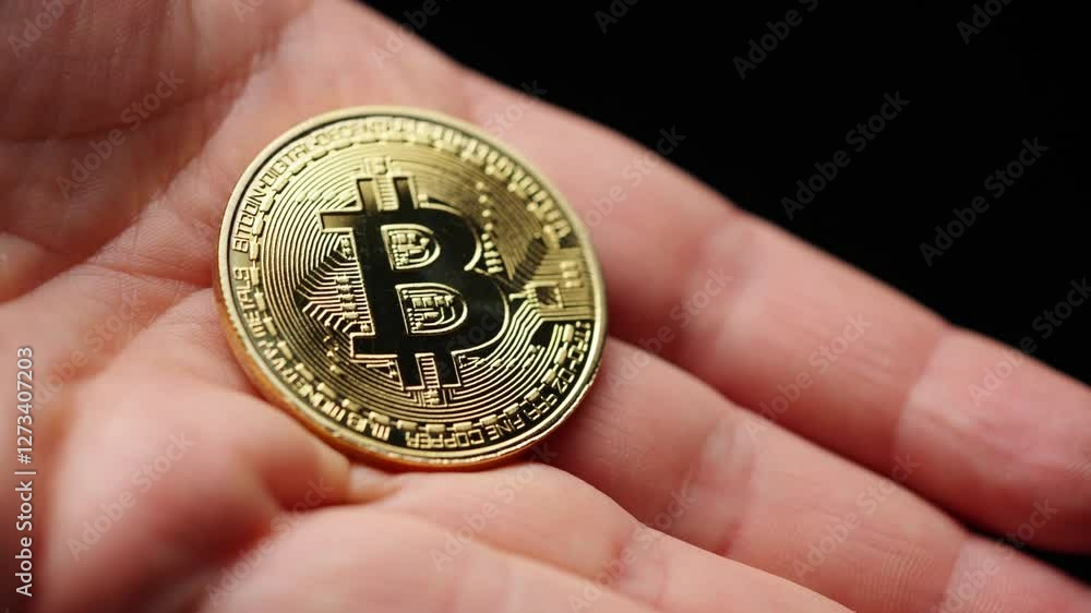 Gold Bitcoin coin resting on an open hand, symbolizing cryptocurrency and finance Gold Bitcoin coin resting on an open hand, symbolizing cryptocurrency and finance