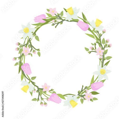 Circle frame Flower wreath of blossoming  tree branches, daffodils and tulips.