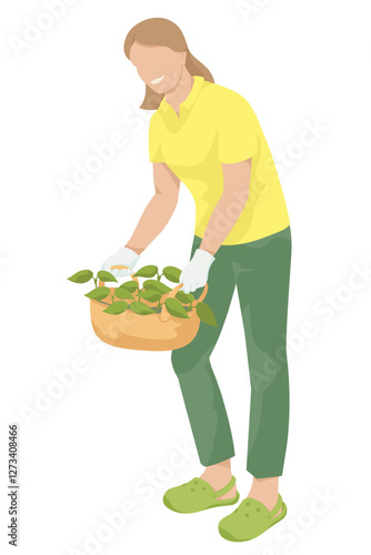 Women with seedling on white background