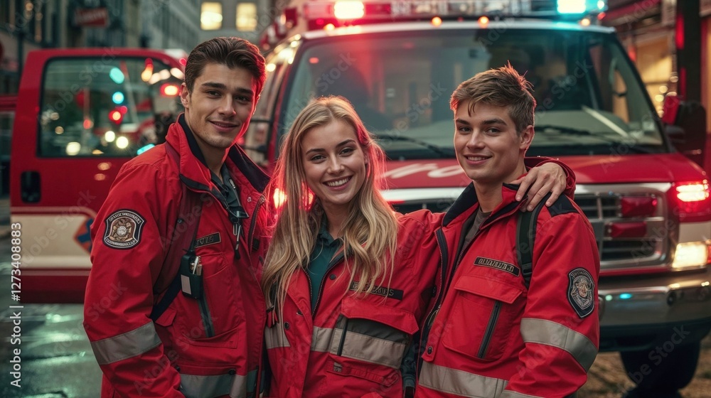 Fototapeta premium smiling emergency medical team posing in front of an ambulance, wearing red uniforms and showing camaraderie, symbolizing teamwork, readiness, and dedication to saving lives