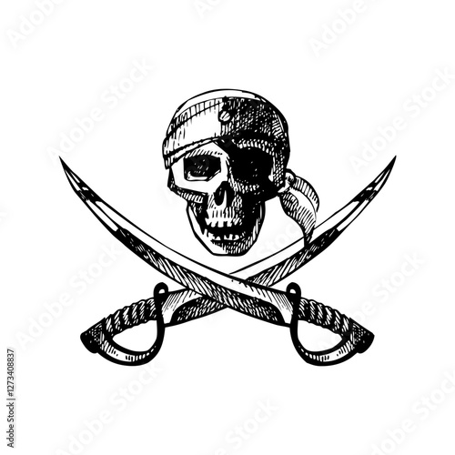 ketch pirates vintage illustration of hand drawn skull in bandana and crossed sabers