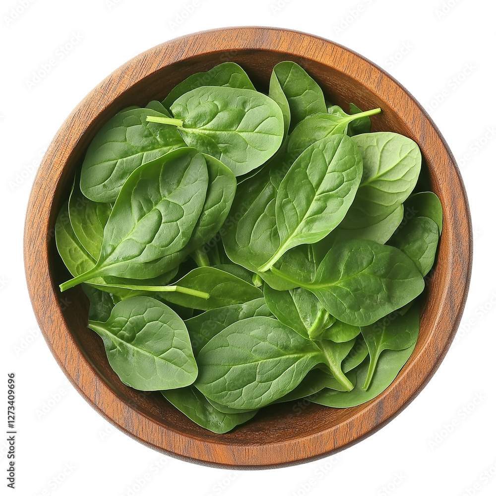 fresh spinach leaves in a wooden bowl isolated on transparent white background, clipping path fresh spinach leaves in a wooden bowl isolated on transparent white background, clipping path