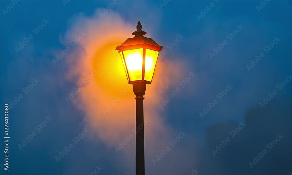 Illuminated Streetlamp Against a Dusky Blue Sky at Twilight Illuminated Streetlamp Against a Dusky Blue Sky at Twilight