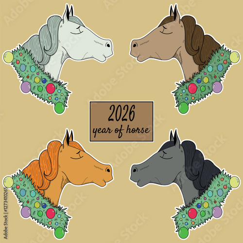 Vector set of 4 horse stickers. The muzzle of a horse. A jolly horse. Horse Stickers