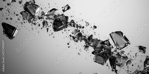 Fragmented ice cube artfully shattered; each crystalline piece captured with stark elegance in monochrome, centered for dramatic impact photo