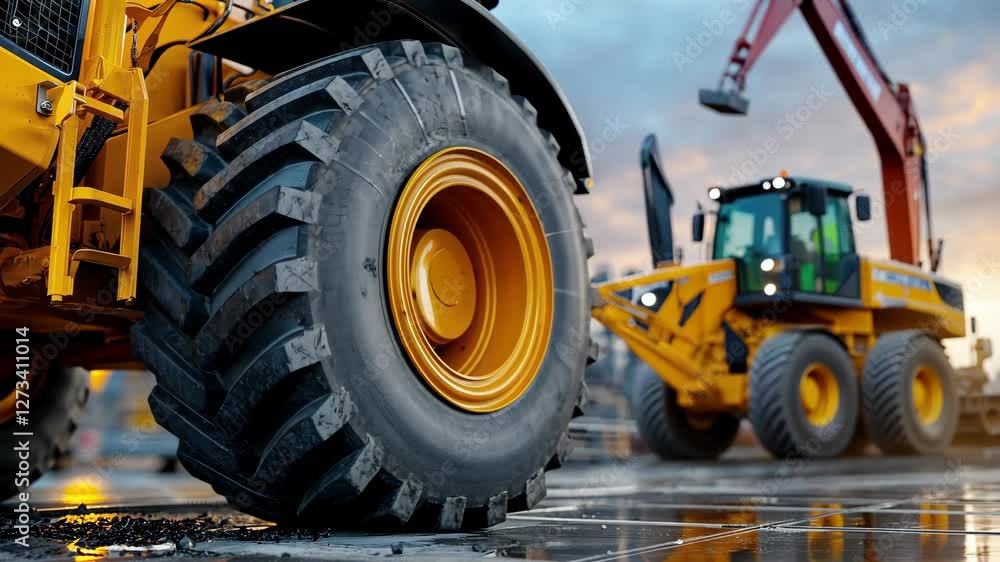 Construction Machinery in Action: A Close-Up View of Heavy Equipment and Tires at a Job Site Construction Machinery in Action: A Close-Up View of Heavy Equipment and Tires at a Job Site