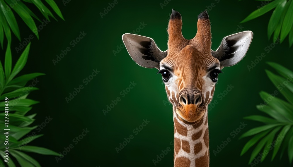 Obraz premium A close-up portrait of a giraffe surrounded by tropical leaves, showcasing its unique features in a vivid green background.