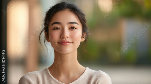young woman with warm smile, wearing light sweater, stands in bright, natural setting, exuding confidence and positivity. Free Download young woman with warm smile, wearing light sweater, stands in bright, natural setting, exuding confidence and positivity. - GFXLoad