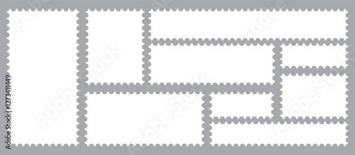 Vintage blank postage stamps isolated on white background. Collection perforated paper mark. Flat design. Vector illustration. Post stamp frame outline icon.  White postage stamp icon vector set.