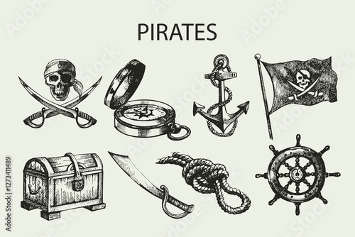 Sketch pirates set. Hand drawn vintage illustrations