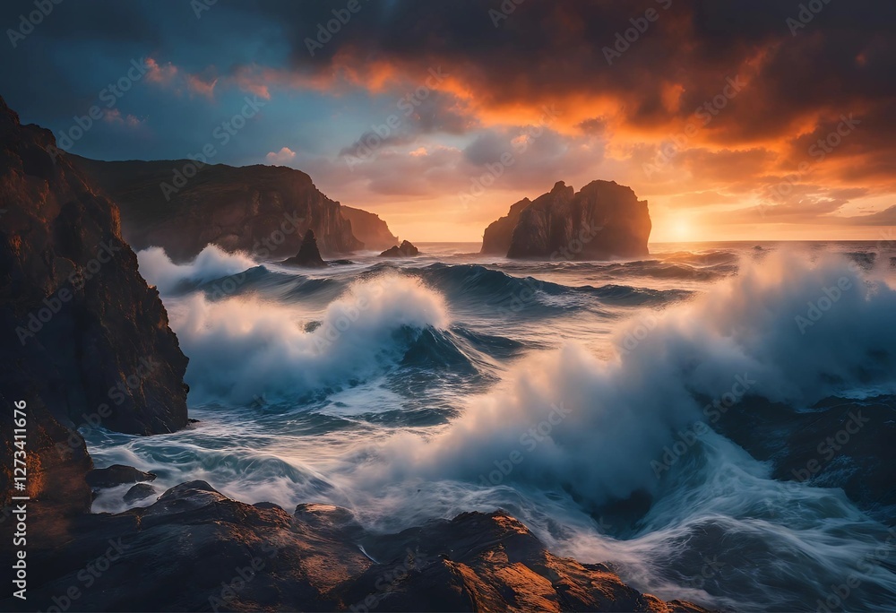 Fototapeta premium Sunset Wave Fury: Rocky Cliffs and Crashing Waves at Twilight
